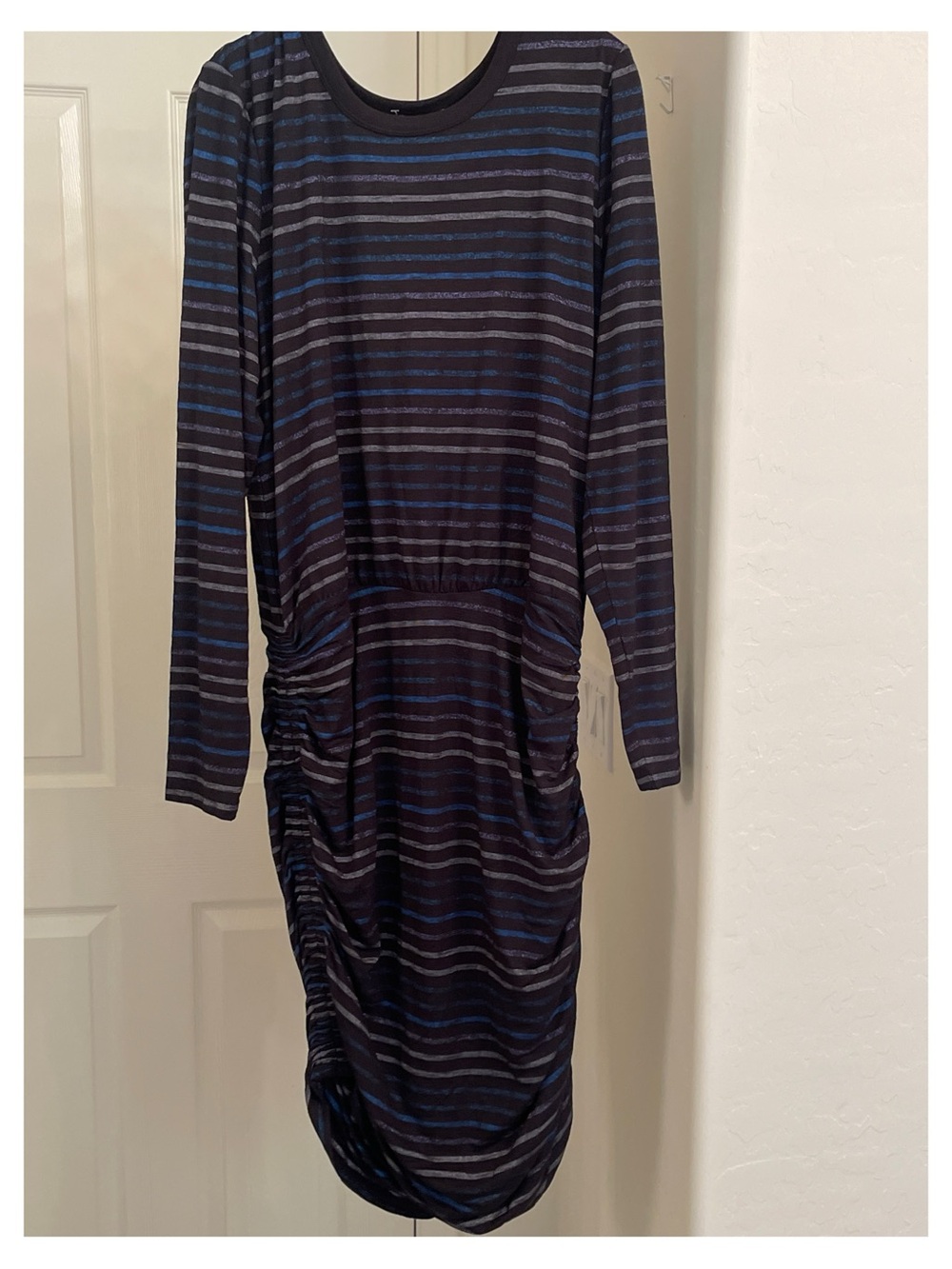 Striped Long-Sleeve Ruched Midi Dress in Navy/Gray